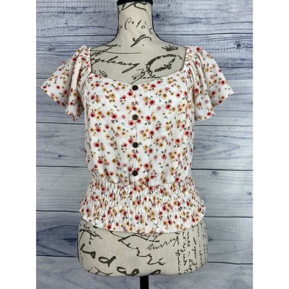 Monteau Floral Crop Top Women Size M Smock Waist Short Flutter Sleeves Scoop - Picture 1 of 10